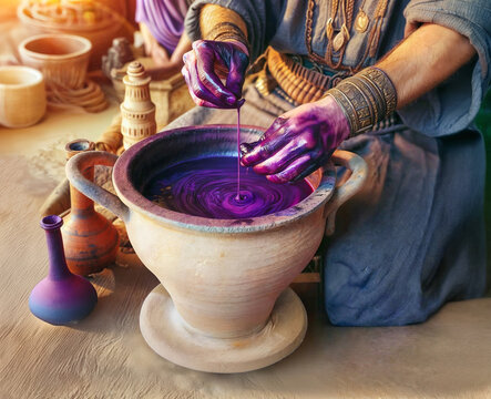 Ancient phoenician artisan creating the luxurious tyrian purple pigment.