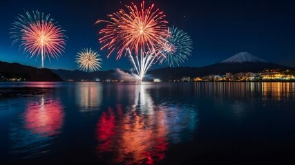 Firework around Fuji mountain in Kawaguchiko Lake Japan in beautiful night.
