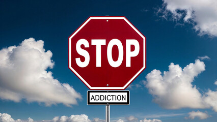  A stop sign with the text word "Stop Addiction" written underneath it