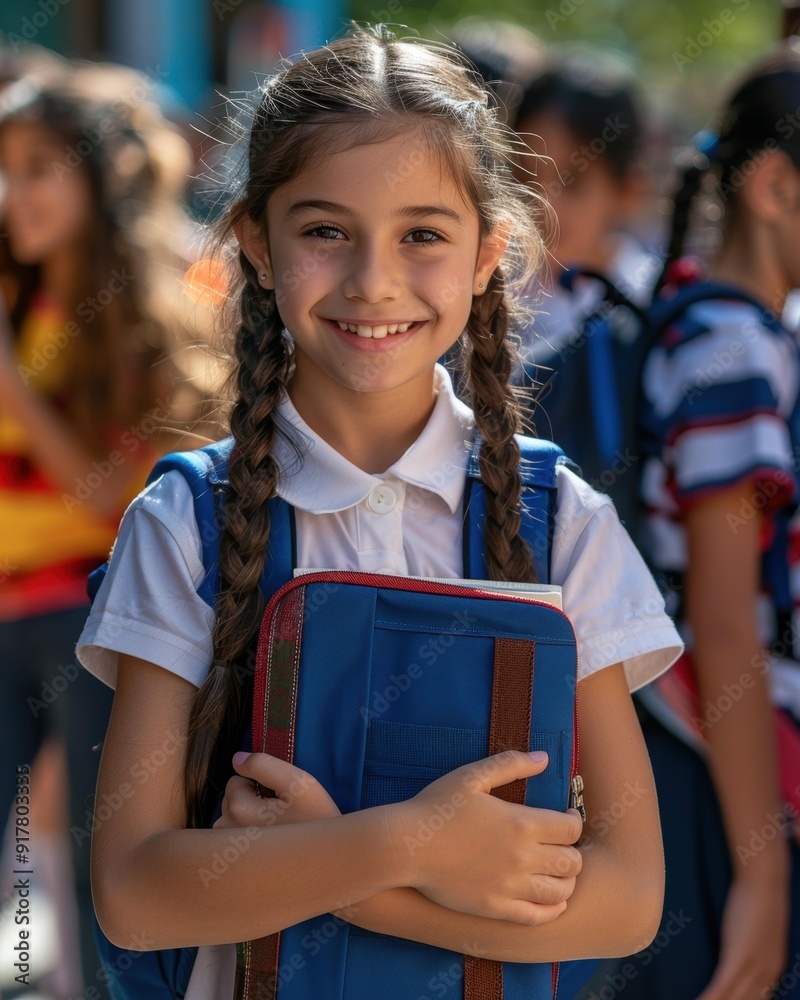 Canvas Prints a young girl smiles while holding her backpack. ai.