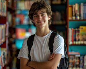 A young man stands with his arms crossed in front of bookshelves. AI.