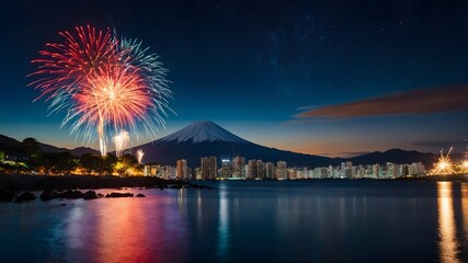 Firework around Fuji mountain in Kawaguchiko Lake Japan in beautiful night.