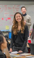 A woman smiles brightly at the camera while standing in a classroom. AI.