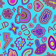 Naklejka premium A seamless pattern with groovy hippie elements, flowers, and geometric shapes in bright colors on a blue background. Great for backgrounds, wrapping paper, and fabric.