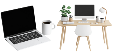 Minimalist Home Office Desk Setup with Modern Amenities on Transparent Background