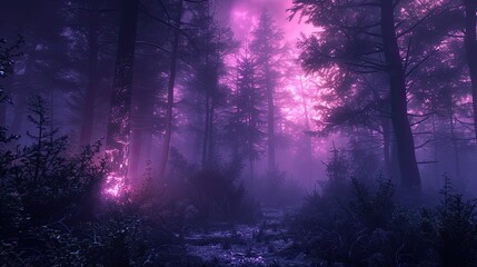 A misty, gothic forest with eerie shadows and glowing, spectral lights