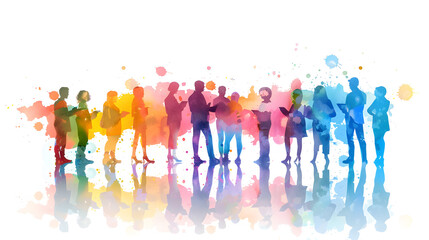 3D flat icon of people discussing watercolor business innovations with laptops on a magical background. SEO-friendly: Watercolor Business Innovations Concept.