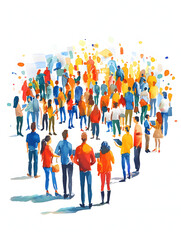 3D flat icon of people creating watercolor business models with tablets on dreamy background. Ideal for creative business planning. White isolated background.