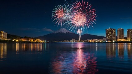 Firework around Fuji mountain in Kawaguchiko Lake Japan in beautiful night.