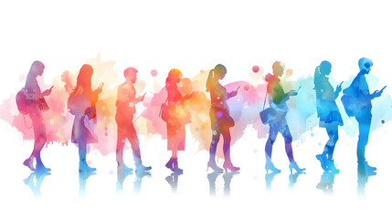 Naklejka premium 3D flat icon of people with watercolor business partnerships and smartphones on a dreamy backdrop, perfect for creative and connected business relationships. Isolated on white background.