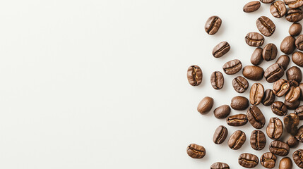 Naklejka premium Roasted coffee beans scattered across a solid background, offering a warm and inviting scene with ample negative space. Perfect for highlighting the richness and aroma of coffee. P