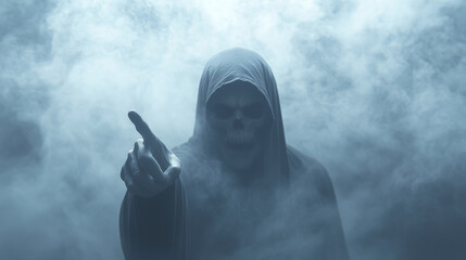 Ominous grim reaper emerging from a smoky, shadowy background, with a bony finger pointing menacingly. Ideal for eerie scenes, suspenseful storytelling, and gothic horror content.