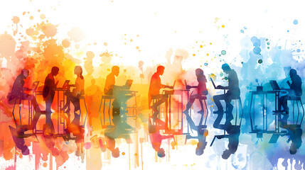 3D flat icon of people with watercolor business reports and laptops. Creative blend of technology and business reporting in a whimsical setting. Isolated on white background.