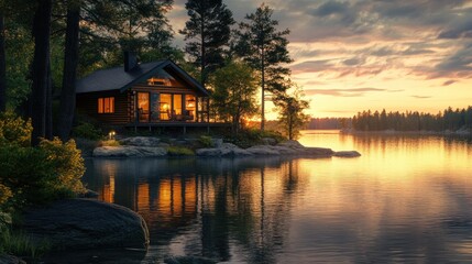 Fototapeta premium A serene cabin by the lake, with a breathtaking view of the water and a calm, relaxing atmosphere.