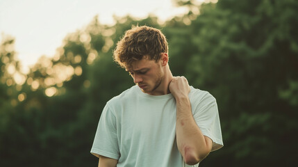 A young man in a t-shirt, grimacing as he holds his shoulder, set against a blurred natural backdrop. The tranquil scenery contrasts with the visible discomfort on his face. Photo