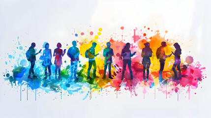 Obraz premium 3D flat icon of people in watercolor business workshops with smartphones against whimsical background. Ideal for creative workshops and digital tools in business. Isolated on white.