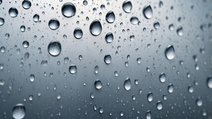 Water drops on glass, close-up, showing each droplet in sharp detail, reflective texture.