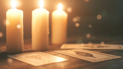 An enchanting tarot reading setup with softly glowing candles, detailed card designs, and a dimly lit atmosphere. The image captures the essence of mystical practices and the quest