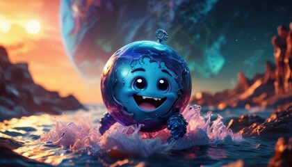 Happy Blue Creature in Water with a Sunset in the Background.