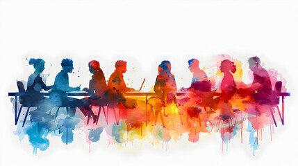 3D flat icon of people with watercolor meeting notes and tablets on a dreamy background. Perfect for blending traditional art and technology in business meetings. Isolated on white.