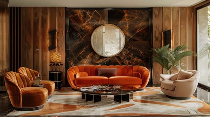 A modern living room with a plush orange sofa and armchair, a round mirror, and a coffee table.  The room is decorated in warm tones and features a patterned rug.