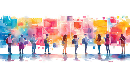 Obraz premium Creative Business Planning Concept with 3D Flat People Icons, Watercolor Boards, and Smartphones on White Background
