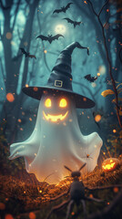 Cartoonish friendly ghost wearing a pointed witch hat, children's Halloween