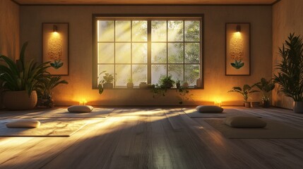 A serene yoga space with soft lighting, creating a peaceful atmosphere for mindfulness and relaxation.