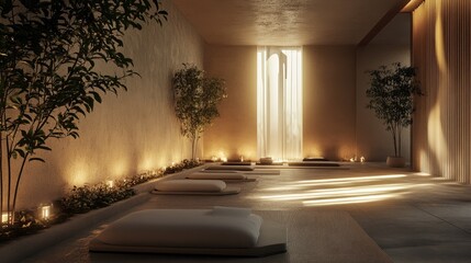 A serene yoga space with soft lighting, creating a peaceful atmosphere for mindfulness and relaxation.