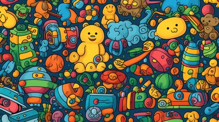 Fototapeta premium Illustration of a cat pattern, with a background of colorful children's toy balloons.