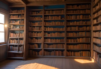 A large, ornate library with wooden bookshelves lining the walls, a red carpet on the floor, and a chandelier hanging from the high, beamed ceiling. The room has a warm, traditional feel with a cozy s