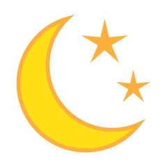 Yellow crescent moon with stars icon on white background. Night icon. Crescent moon icon. Minimalist style.