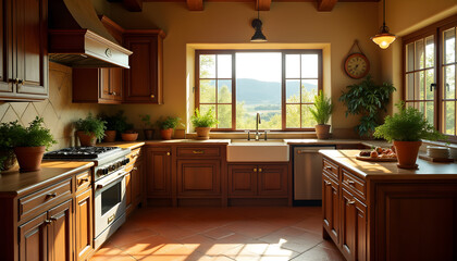 Tuscan-Inspired Kitchen with Wooden Cabinetry and Indoor Greenery Oasis