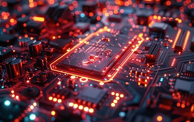 Obraz premium Realistic 8K graphic of an advanced chipset, intricate microchip patterns, neon lights, and hightech visual elements