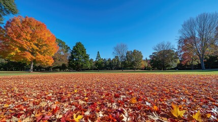 Obraz premium Autumn landscape with colorful leaves covering the ground and a clear blue sky