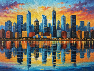Fototapeta premium Oil painting. Skyscrapers. Pattern for printing on wall decorations, fabrics, and for use in graphics. Generated by Ai
