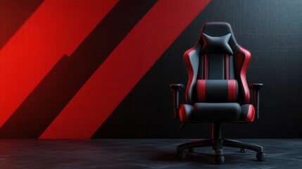 A sleek, modern gaming chair with ergonomic design, set against a bold striped background with ample copy space.