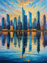 Oil painting. Skyscrapers. Pattern for printing on wall decorations, fabrics, and for use in graphics. Generated by Ai