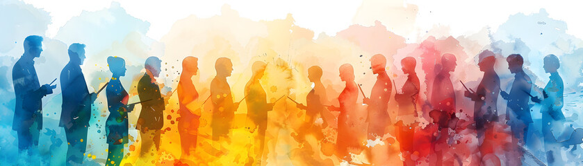 Watercolor team meetings with tablets in whimsical setting, ideal for creative business discussions. Photo Stock Concept.