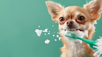 Cartoon Chihuahua Getting Teeth Brushed with Foamy Toothbrush
