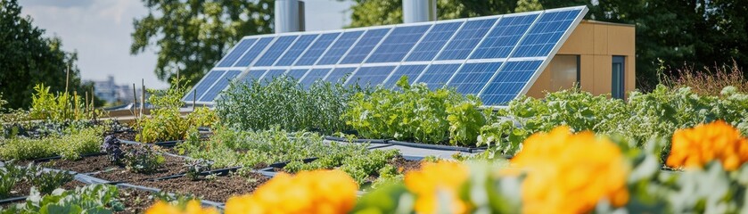 Fototapeta premium A vibrant rooftop garden featuring solar panels, lush plants, and blooming flowers, showcasing sustainable urban farming practices.