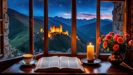 Fototapeta premium Castle view, cozy room, magical night sky, sunset, introspection, melancholy, isolation, candlelight, flowers, steaming tea, vivid colors, ultra-HD, realism, historical, abstraction