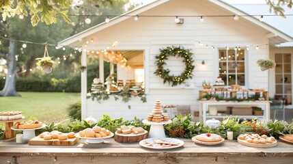 Obraz premium A backyard gathering with wreaths hanging on the fence, a goodies table, and guests participating in craft workshops