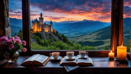 Castle view, cozy room, magical night sky, sunset, introspection, melancholy, isolation, candlelight, flowers, steaming tea, vivid colors, ultra-HD, realism, historical, abstraction