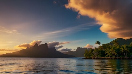Paradise island sunset with mountains and coral reefs. French polynesia, Tahiti, Teahupoo Generative AI