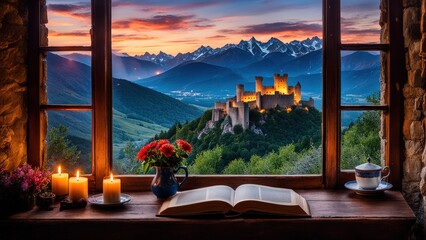 Castle view, cozy room, magical night sky, sunset, introspection, melancholy, isolation, candlelight, flowers, steaming tea, vivid colors, ultra-HD, realism, historical, abstraction