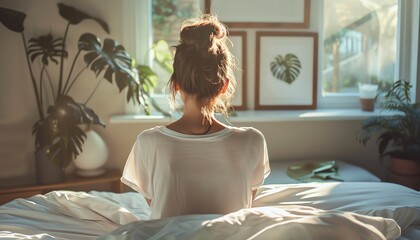Stylish young woman in airy bedroom