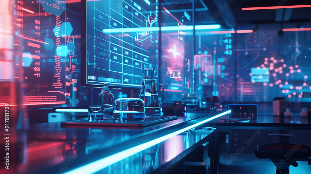 Poster a modern tech lab scene with digital screens, floating data visualizations, and high-tech equipment,