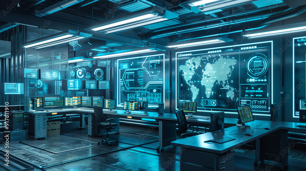 Poster a modern tech lab scene with digital screens, floating data visualizations, and high-tech equipment,