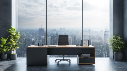 Fototapeta premium Home office with a large window, organized space, and a cityscape view